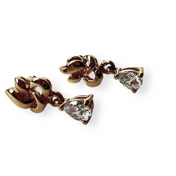 Rhinestone Dangle Earrings Teardrop Bright Clear Sparkle Shiny Gold Tone Post - Picture 5 of 9